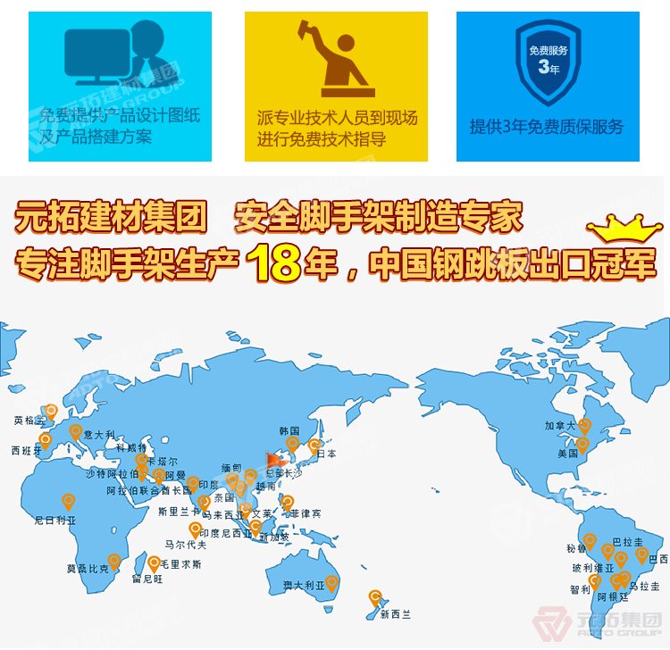 元拓建材集團(tuán)，安全腳手架制造專家！專注腳手架生產(chǎn)18年，中國鋼跳板出口冠軍！